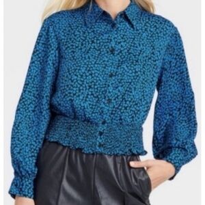 Who What Wear Blue Black Ditsy Floral Button Front Smocked Waist